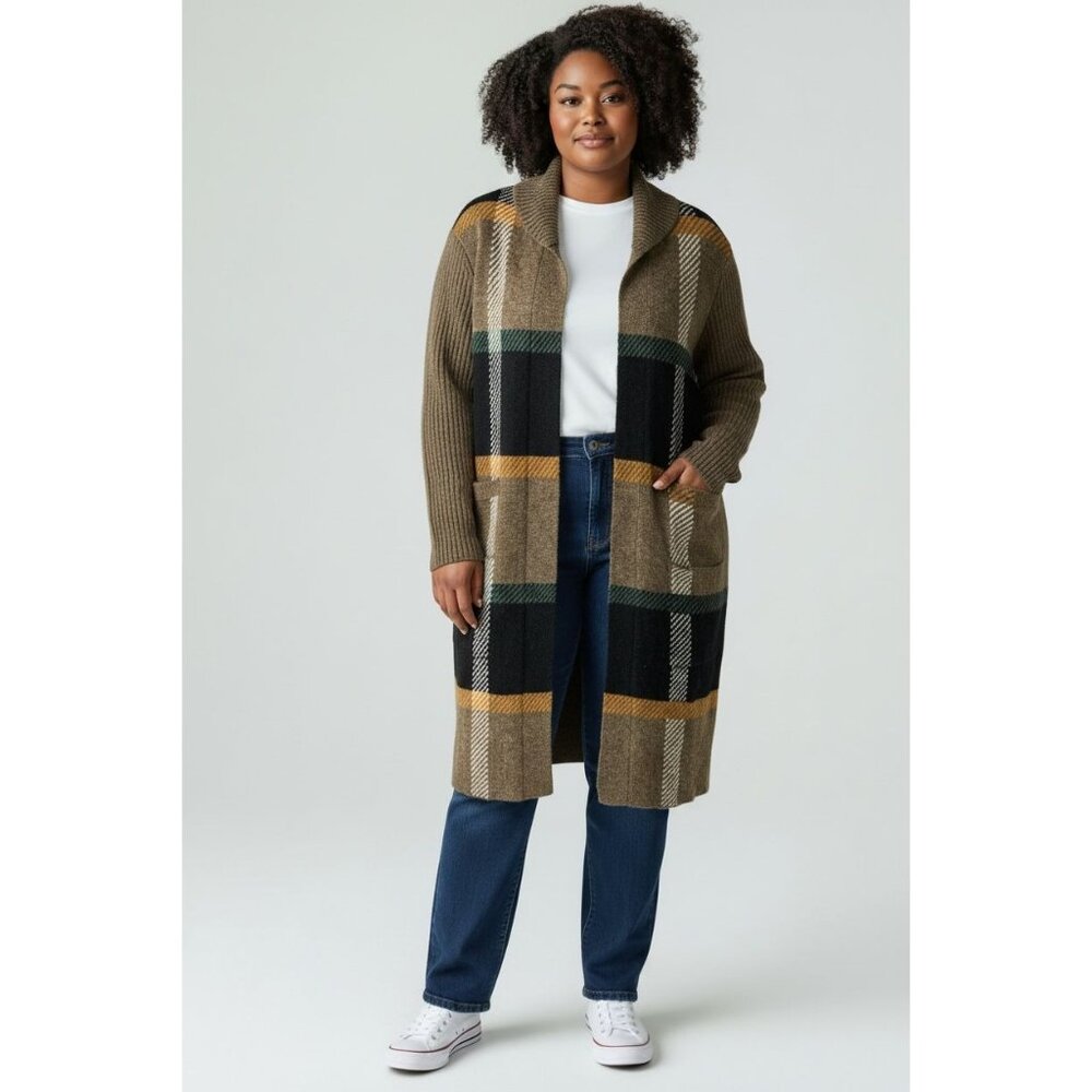 Joseph A. Women's Open Front Long Cardigan Sweater Chocolate Plaid Ribbed Knit 1